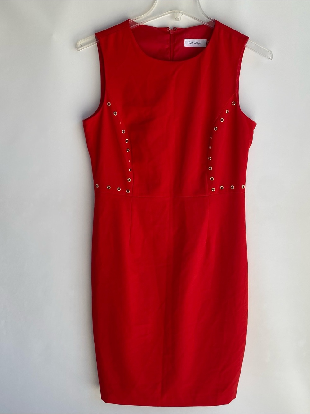 Calvin Klein red sleeveless knee length dress gold grommet work office party 10